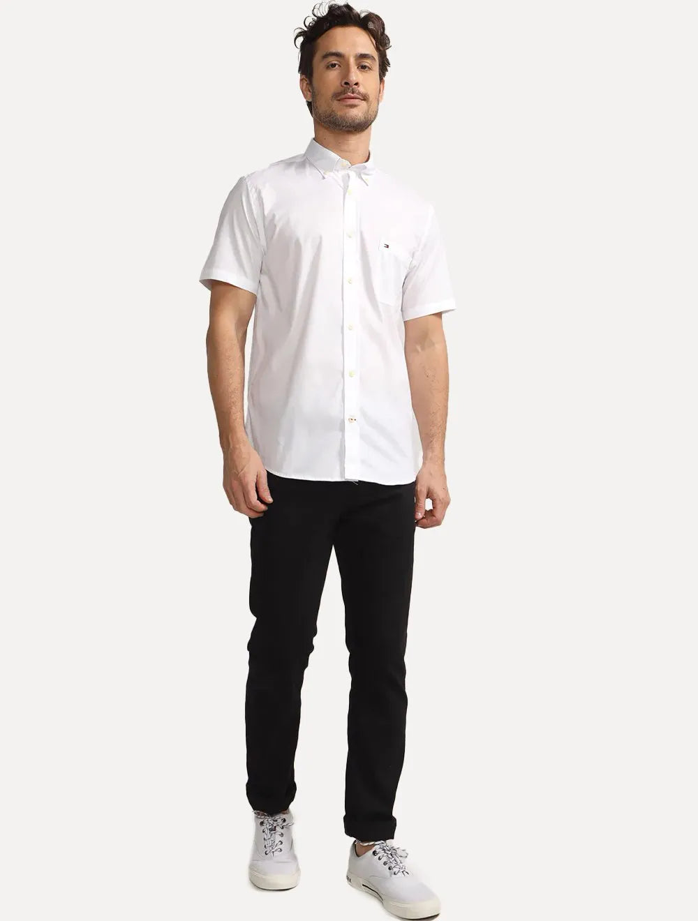 Camisa Tommy Hilfiger Masculina Manga Curta Regular Pocket Poplin Branca