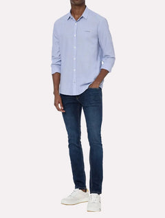 Camisa Calvin Klein Jeans Masculina Slim Listrada Silk Logo Azul Médio