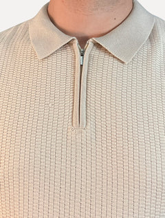 Polo Dixen Masculina Tricot Texturizada Manga Curta Ziper Cáqui Médio