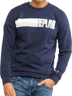 Moletom Replay Masculino Crewneck Brand Stripes Azul Marinho