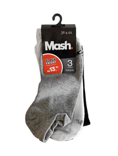 Meia Mash Esportiva Invisível Branca Cinza e Preta Kit 3 Pares