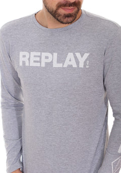 Camiseta Replay Masculina Manga Longa Logo Chest Cinza Mescla
