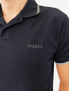 Polo Guess Masculina Piquet Frieze Logo Relief Azul Marinho