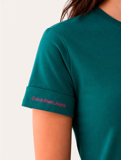 Camiseta Calvin Klein Jeans Feminina Logo Manga Dobrada Verde Escuro
