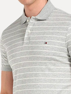 Polo Tommy Hilfiger Masculina Malha Liquid Cotton Striped Cinza Mescla