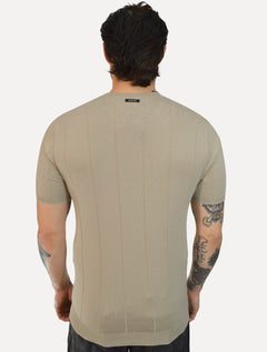 Camiseta Dixen Masculina Tricot Manga Curta Friso Vertical Gola Careca Areia