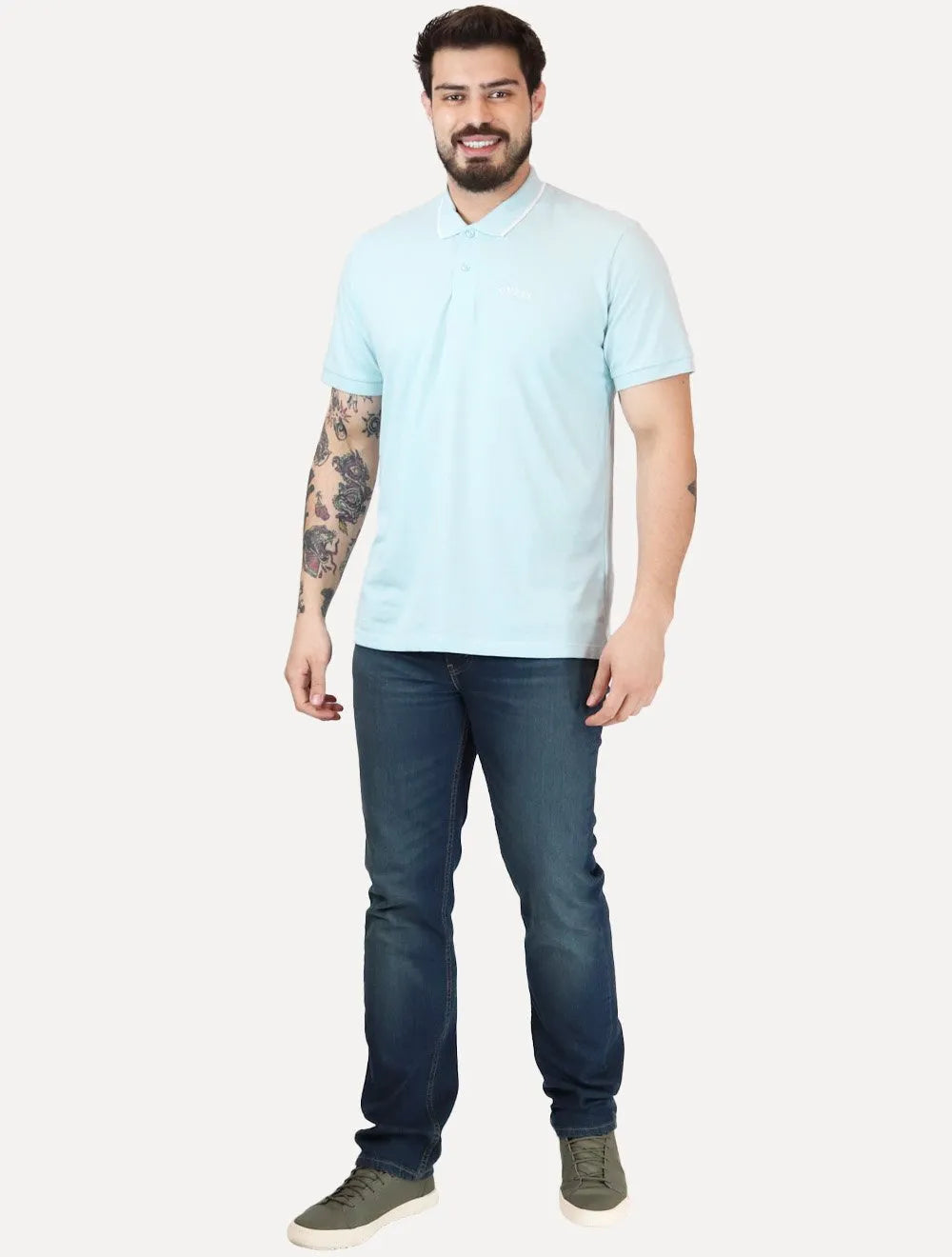Polo Guess Masculina Piquet Silk Linear Light Friso Azul Claro
