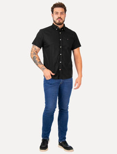 Camisa Tommy Hilfiger Masculina Manga Curta Regular Classic Poplin Preta