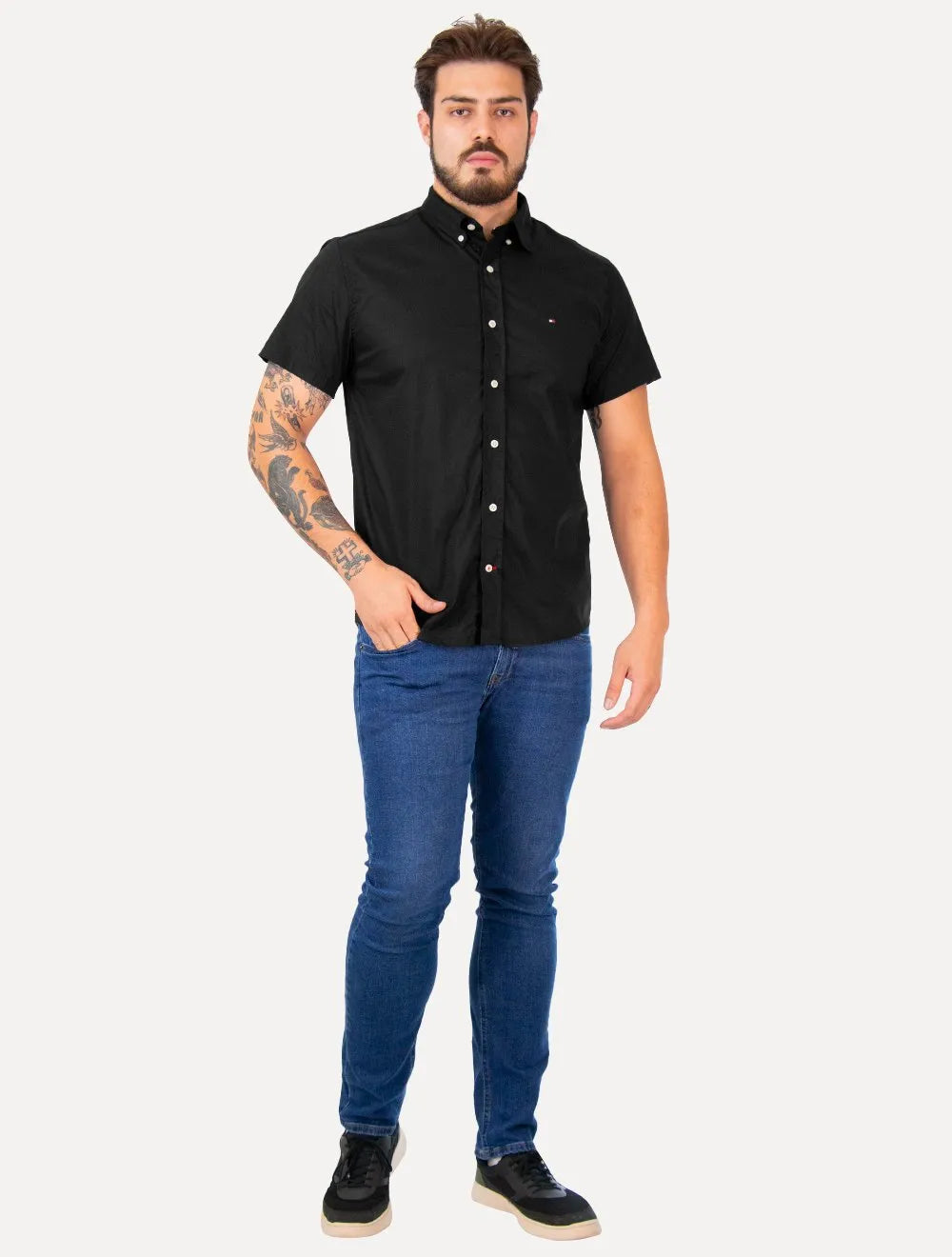Camisa Tommy Hilfiger Masculina Manga Curta Regular Classic Poplin Preta