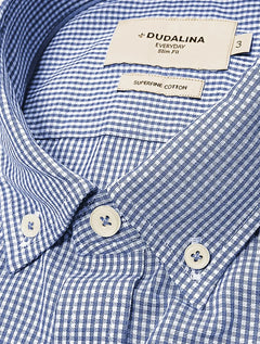 Camisa Dudalina Masculina Slim Superfine Cotton Vichy Azul Médio
