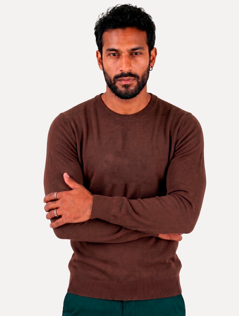 Suéter Calvin Klein Jeans Masculino Crewneck Tricot Mini Logo Marrom Escuro
