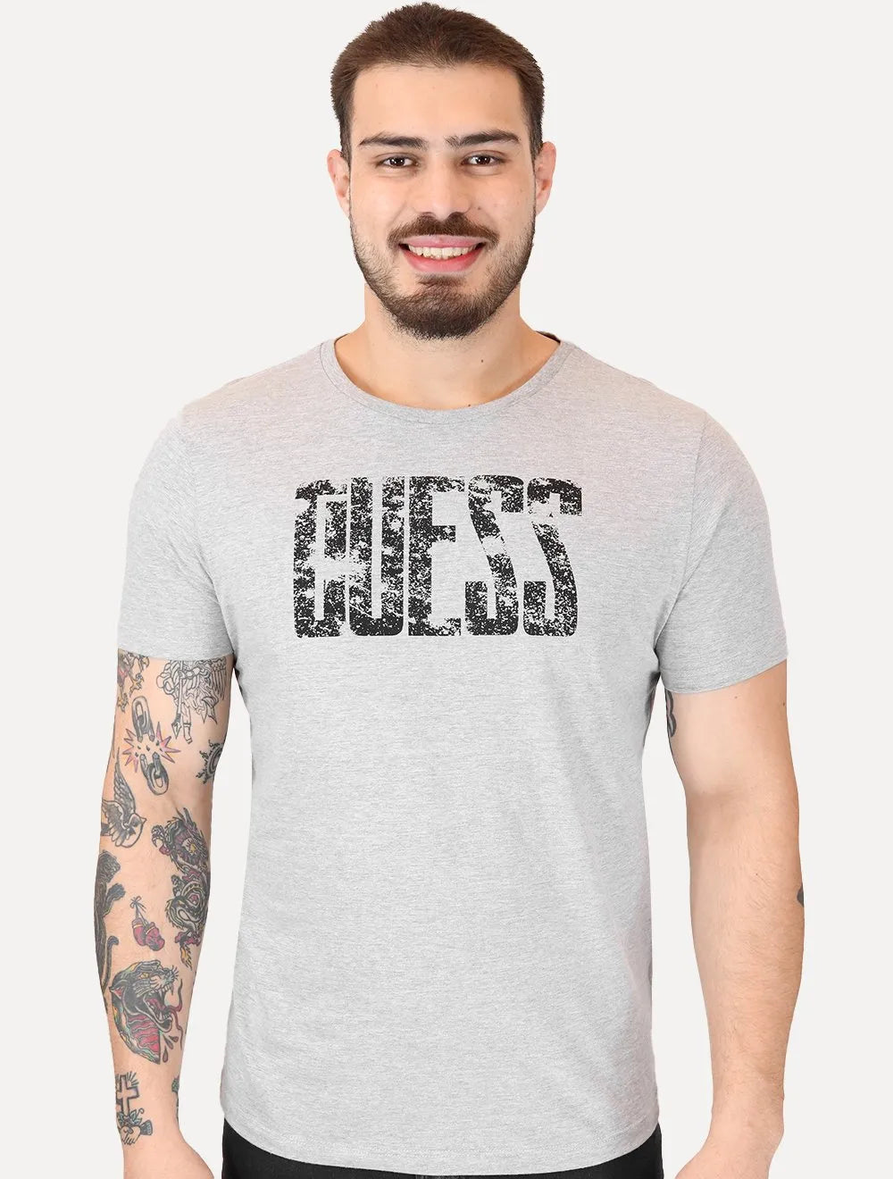 Camiseta Guess Masculina Eroded Logo Print Cinza Mescla