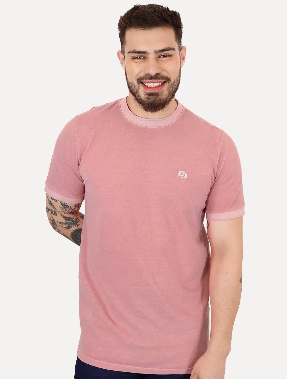 Camiseta Colcci Masculina Slim Crewneck Logo Bordado Rosa Claro
