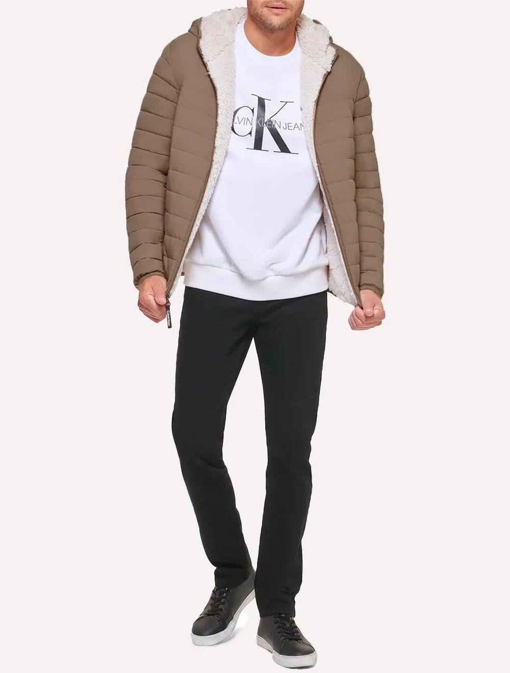 Jaqueta Calvin Klein Masculina Hoodie Matelassê Sherpa Cáqui