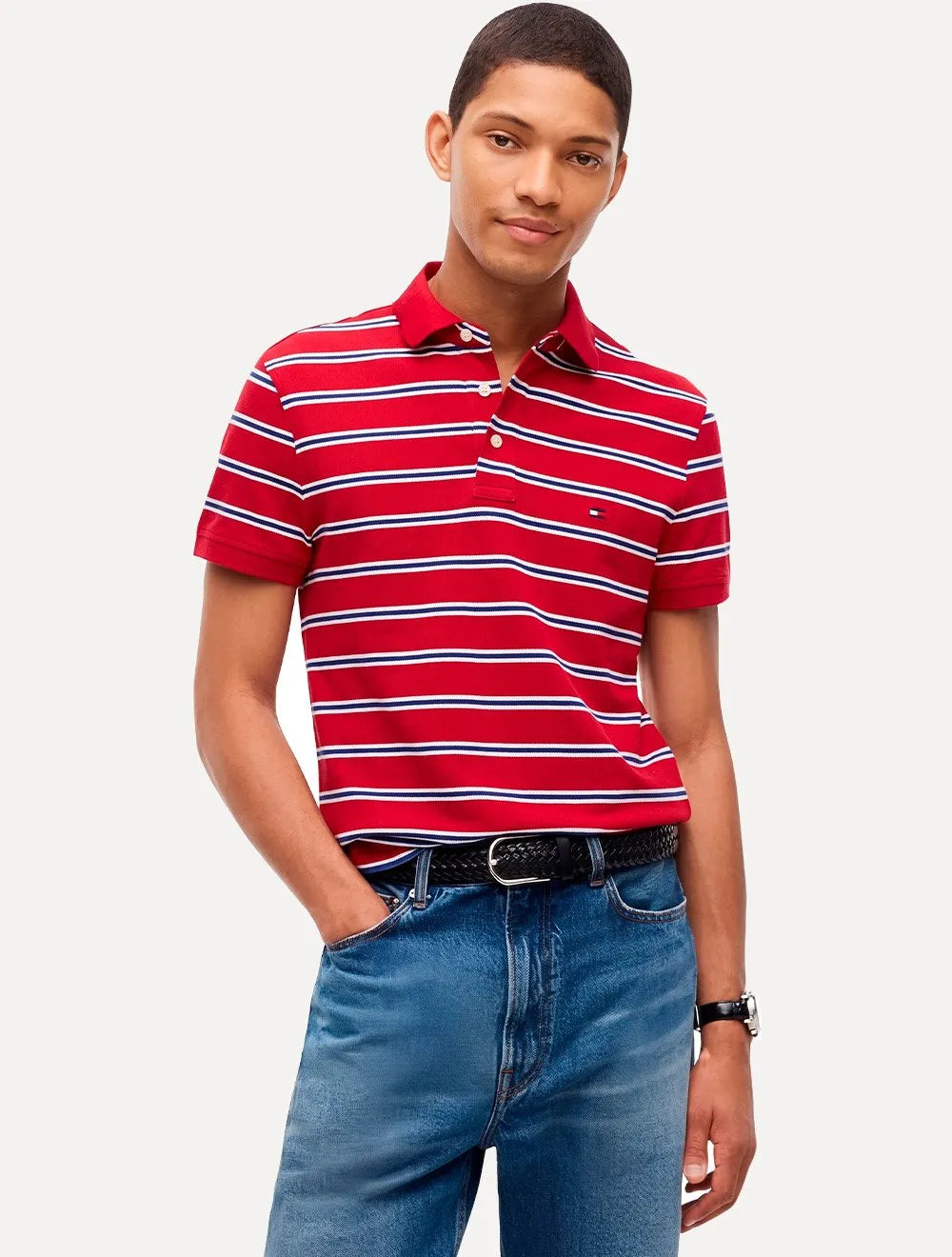 Camisa Polo Tommy Hilfiger Masculina Regular Piquet 1985 Striped Vemelho/Azul