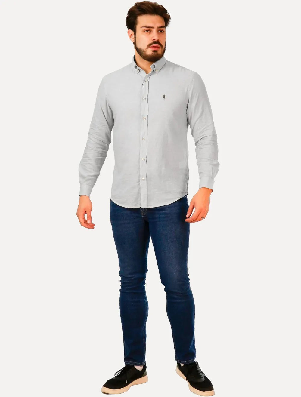 Camisa Ralph Lauren Masculina Linho Dark Icon Cinza Claro Mescla