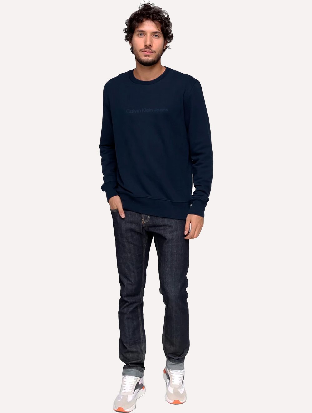 Moletom Calvin Klein Jeans Masculino Crewneck Navy Front Logo Azul Marinho