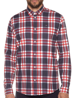 Camisa Tommy Jeans Masculina Regular Essential Poplin Check Vermelho Marinho