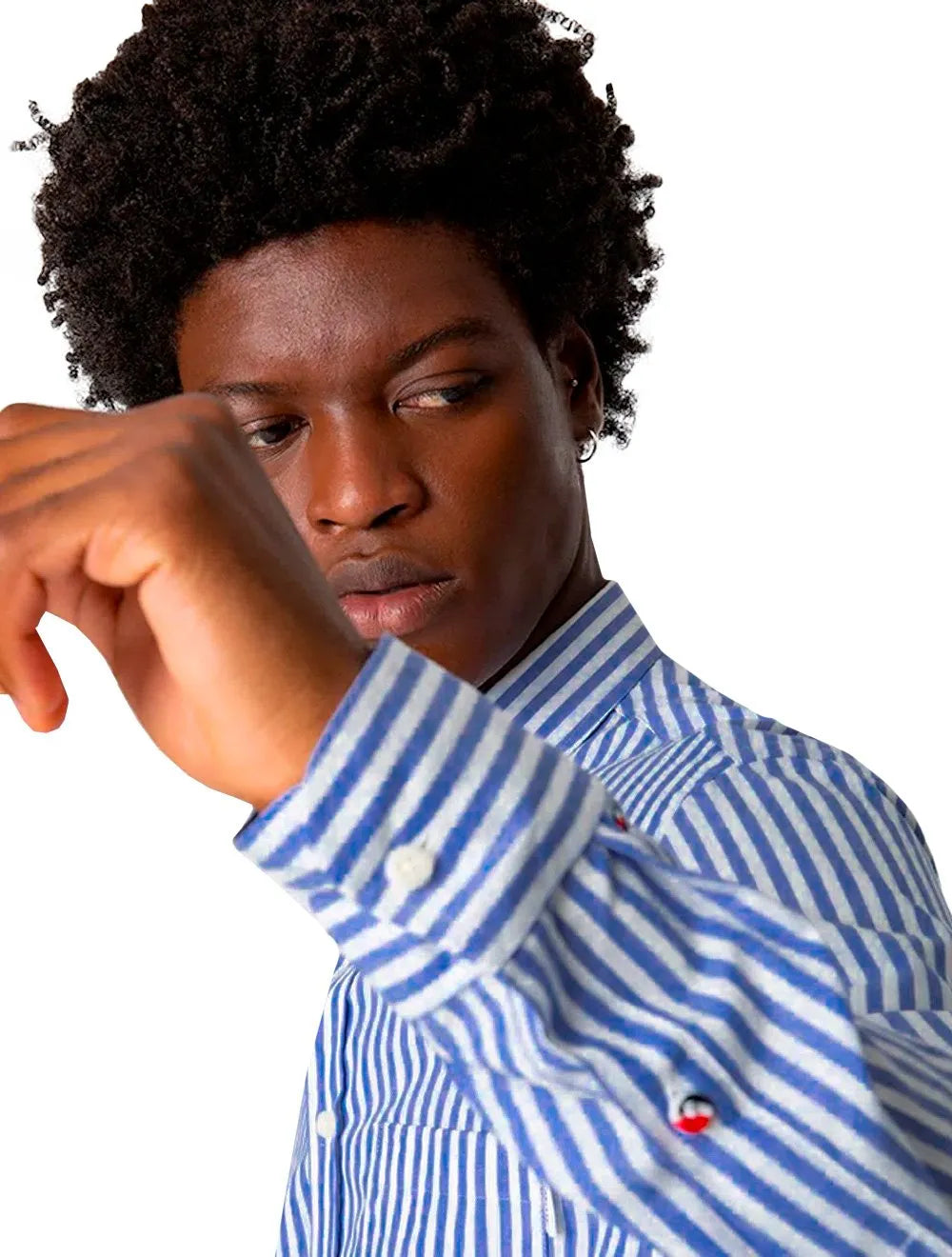 Camisa Tommy Jeans Masculina Striped Linen Blend Pocket Branca Azul Royal