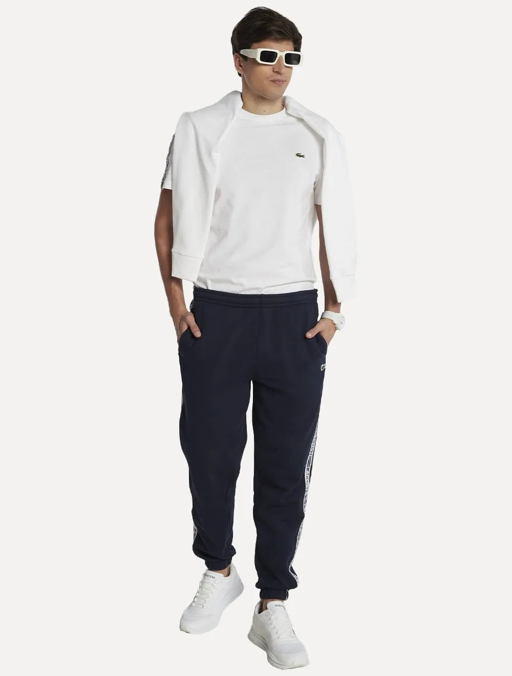 Camiseta Lacoste Masculina Regular Fit Listrada Logo Branca