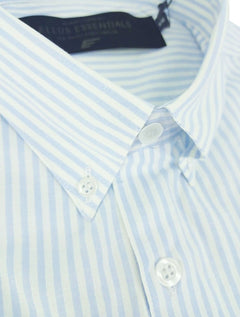 Camisa Ellus Masculina Tricoline LY Slim Midi Stripe Button Down Branco Azul Claro