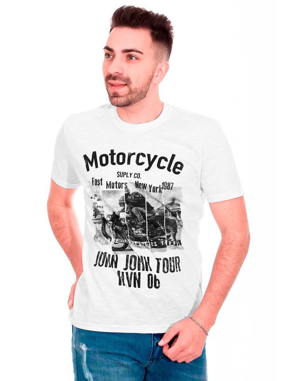 Camiseta John John Masculina Motorcycle Suply Co. Branca