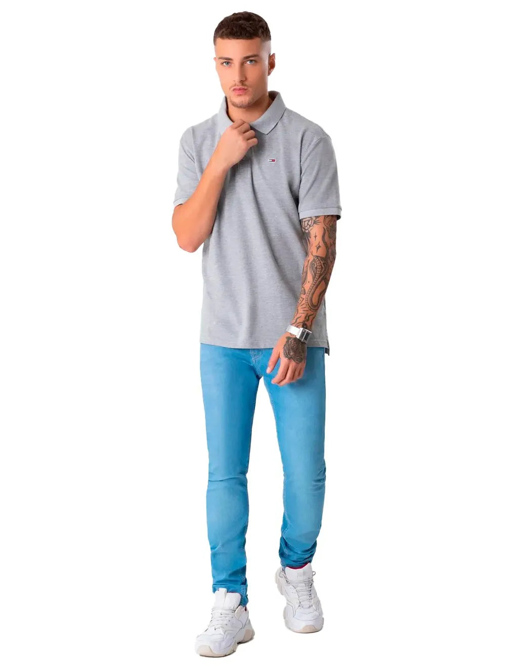 Polo Tommy Jeans Masculina Regular Original Fine Piquet Cinza Mescla