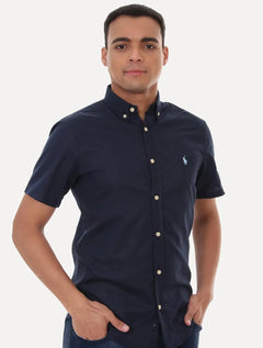Camisa Ralph Lauren Masculina Manga Curta Custom Fit Oxford Azul Marinho