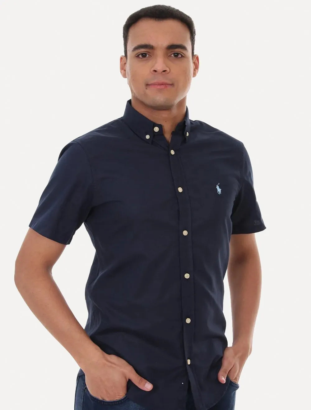 Camisa Ralph Lauren Masculina Manga Curta Custom Fit Oxford Azul Marinho