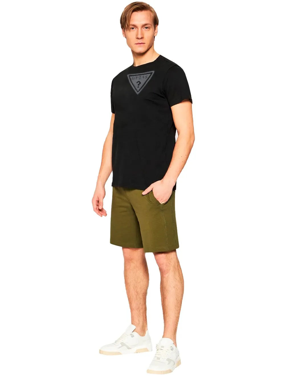 Camiseta Guess Masculina Full Gray Logo Print Preta