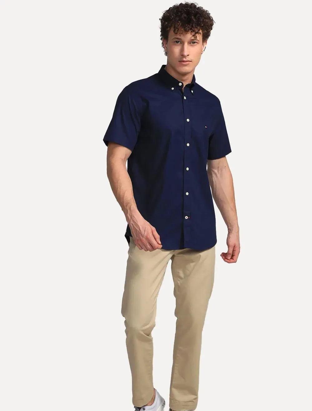 Camisa Tommy Hilfiger Masculina Manga Curta Regular Classic Poplin Azul Marinho