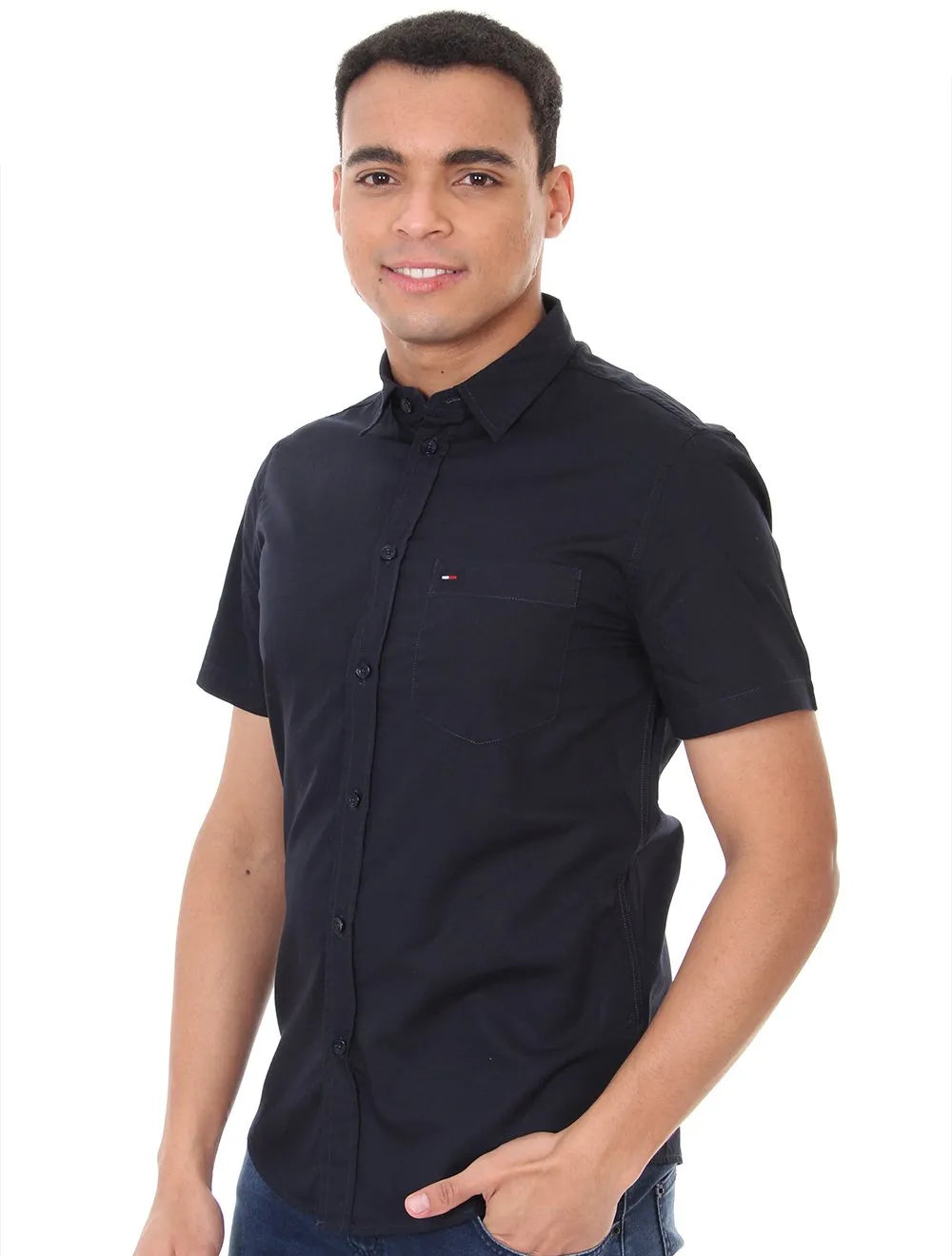 Camisa Tommy Jeans Masculina Manga Curta Solid Poplin Azul Marinho