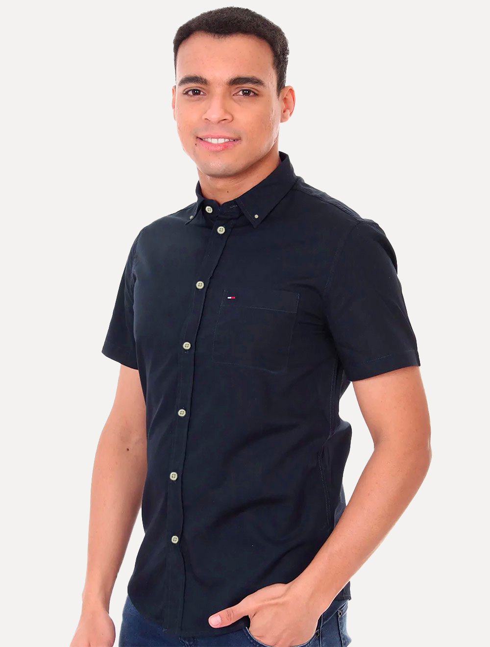Camisa Tommy Hilfiger Masculina Manga Curta Light Oxford Azul Marinho