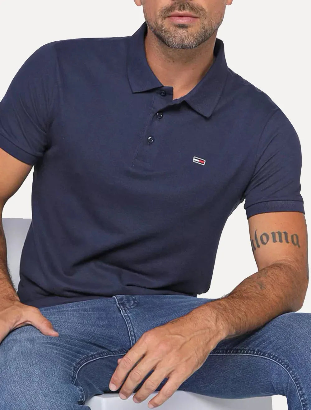 Polo Tommy Jeans Masculina Regular Original Fine Piquet Azul Marinho