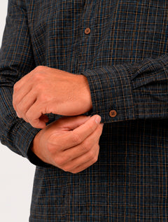 Camisa Dudalina Masculina Slim Slub Cotton Flame Xadrez Azul Marinho