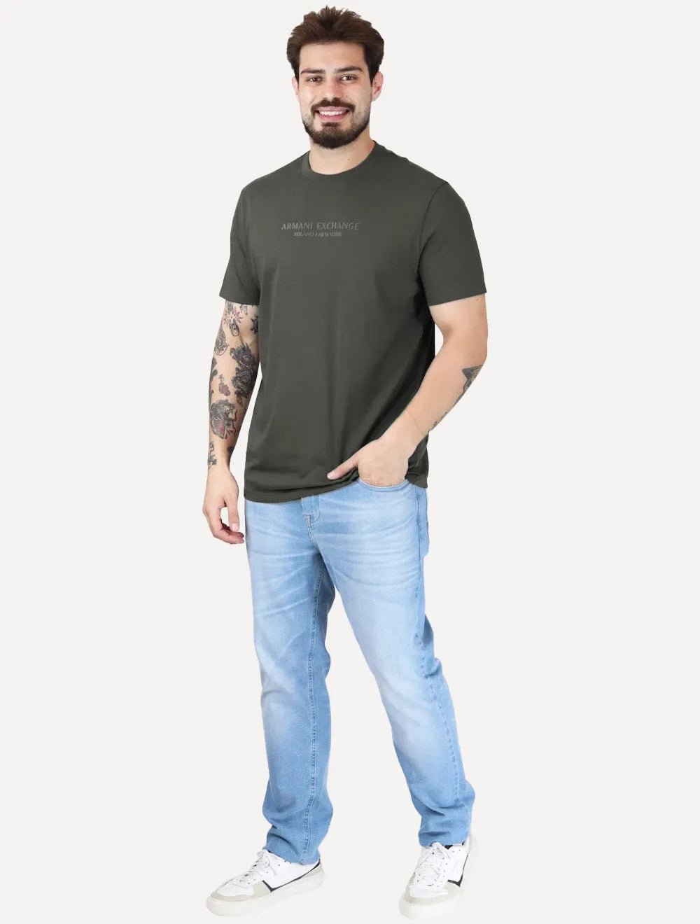 Camiseta Armani Exchange Masculina Milano New York Frontal Logo Verde Musgo