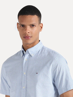 Camisa Tommy Hilfiger Masculina Manga Curta Xadrez Gingham Branca/Azul Claro
