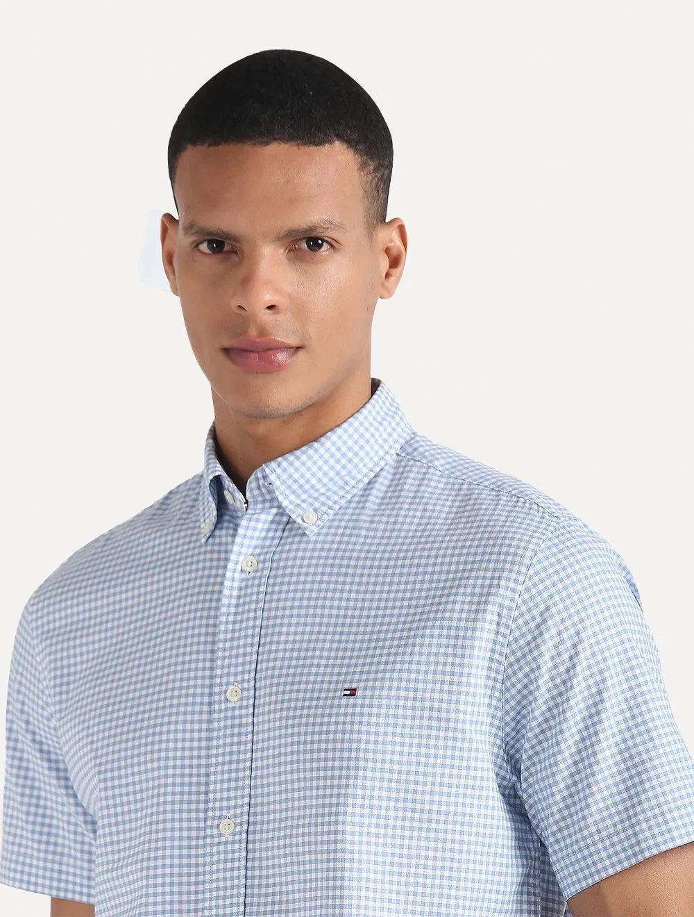 Camisa Tommy Hilfiger Masculina Manga Curta Xadrez Gingham Branca/Azul Claro