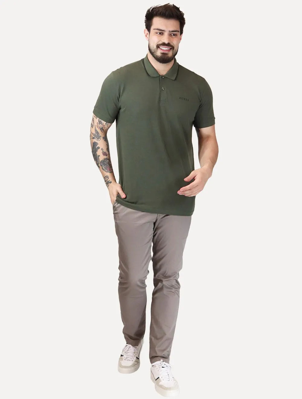 Polo Guess Masculina Piquet Silk Linear Dark Friso Verde Militar