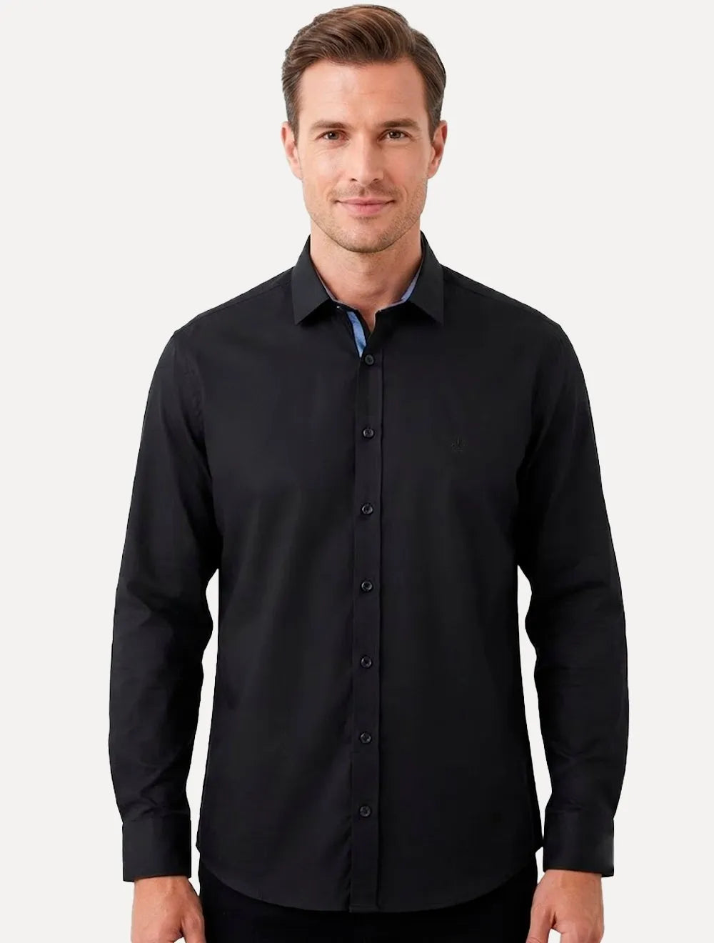 Camisa Dudalina Masculina Slim Superfine Cotton Mono Logo Lisa Tricoline Preta