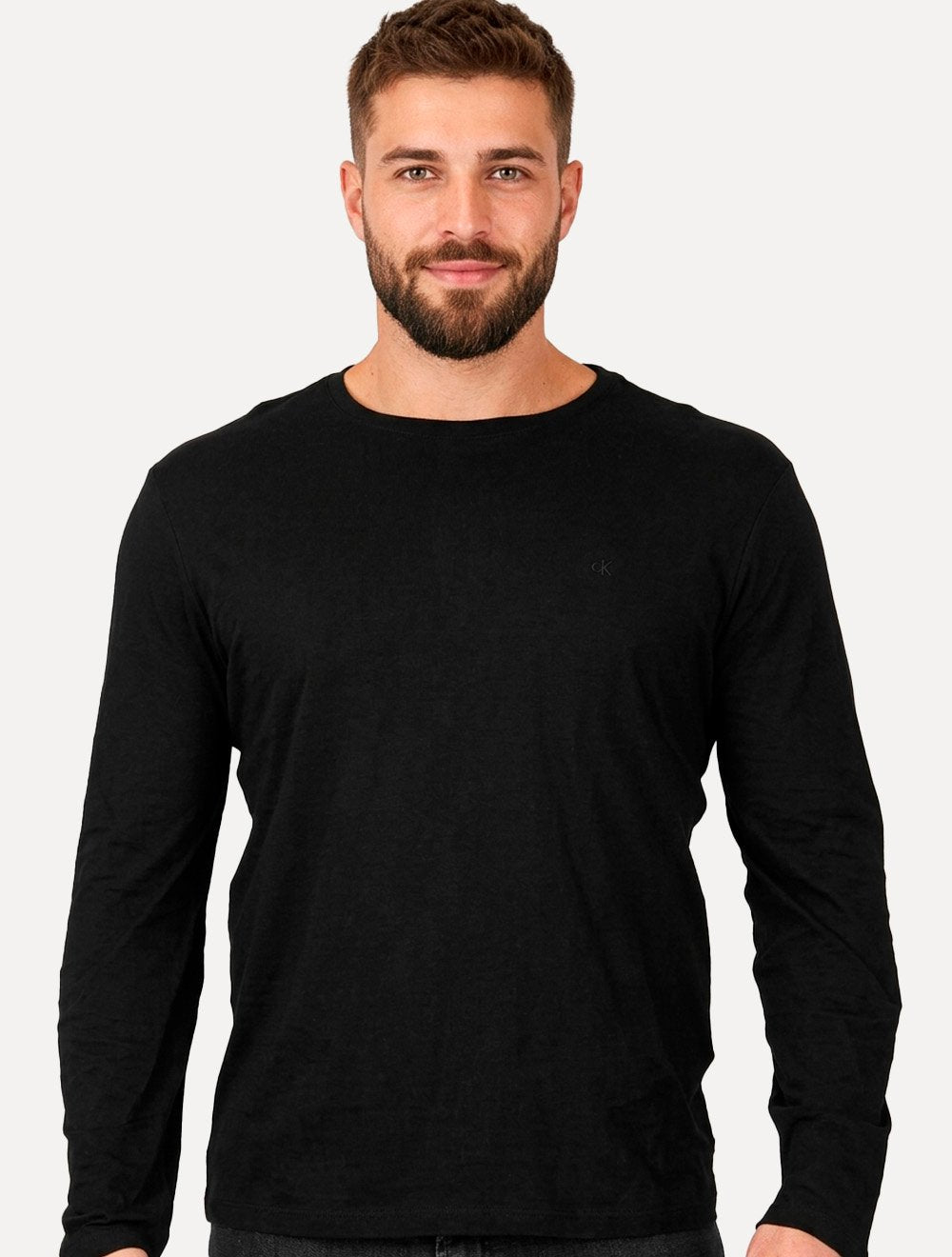 Camiseta Calvin Klein Jeans Masculina Manga Longa Embroidered CK Frontal Preta