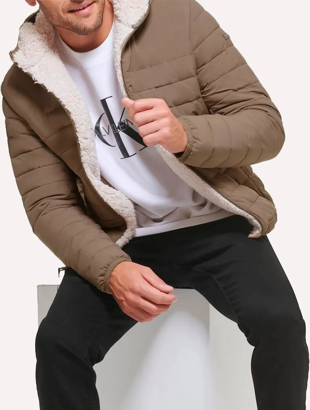 Jaqueta Calvin Klein Masculina Hoodie Matelassê Sherpa Cáqui