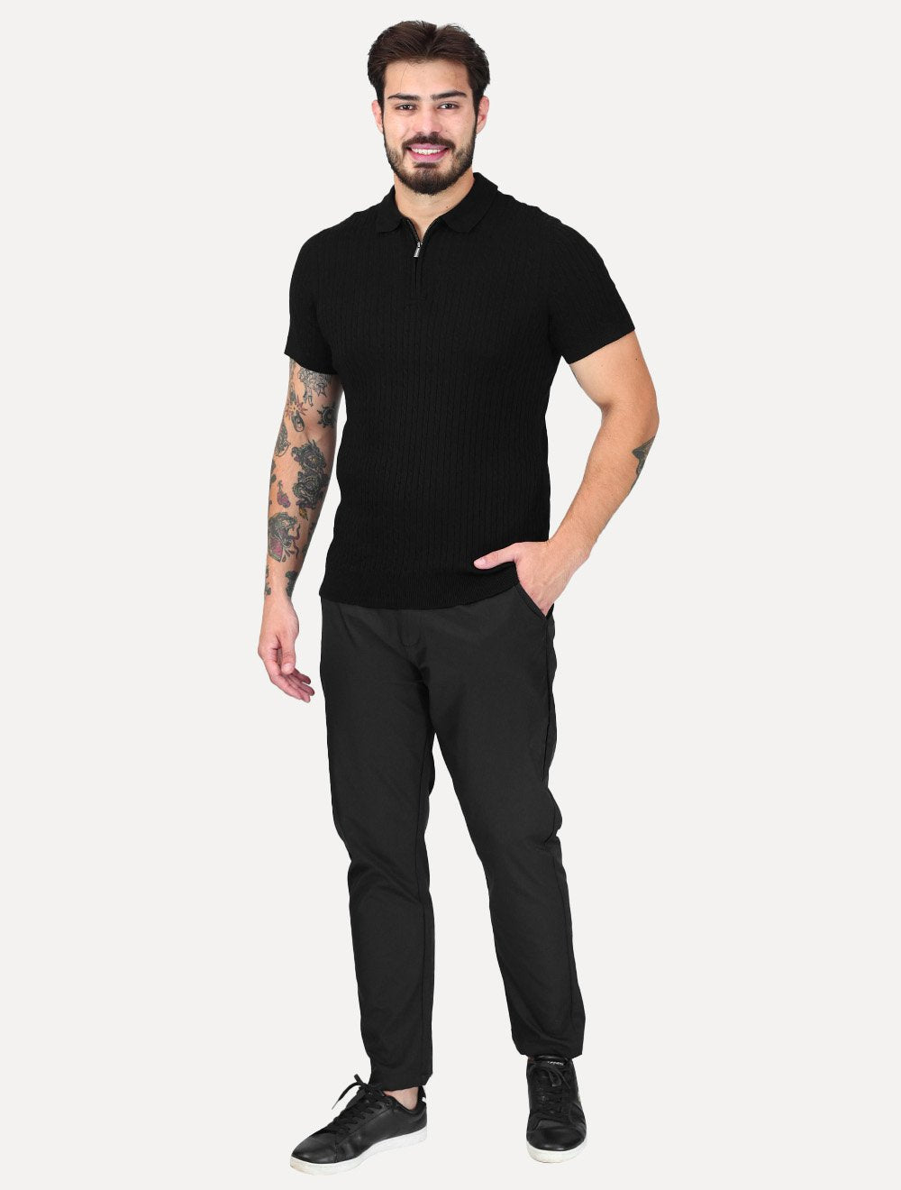 Tricô Dixen Manga Curta Gola Polo Ziper Preta