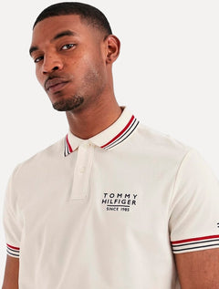 Polo Tommy Hilfiger Masculina Regular Stripe Collar Cuff Detail Off White