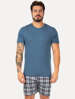 Pijama Calvin Klein Short Curto Viscolight Xadrez Logo Azul Médio