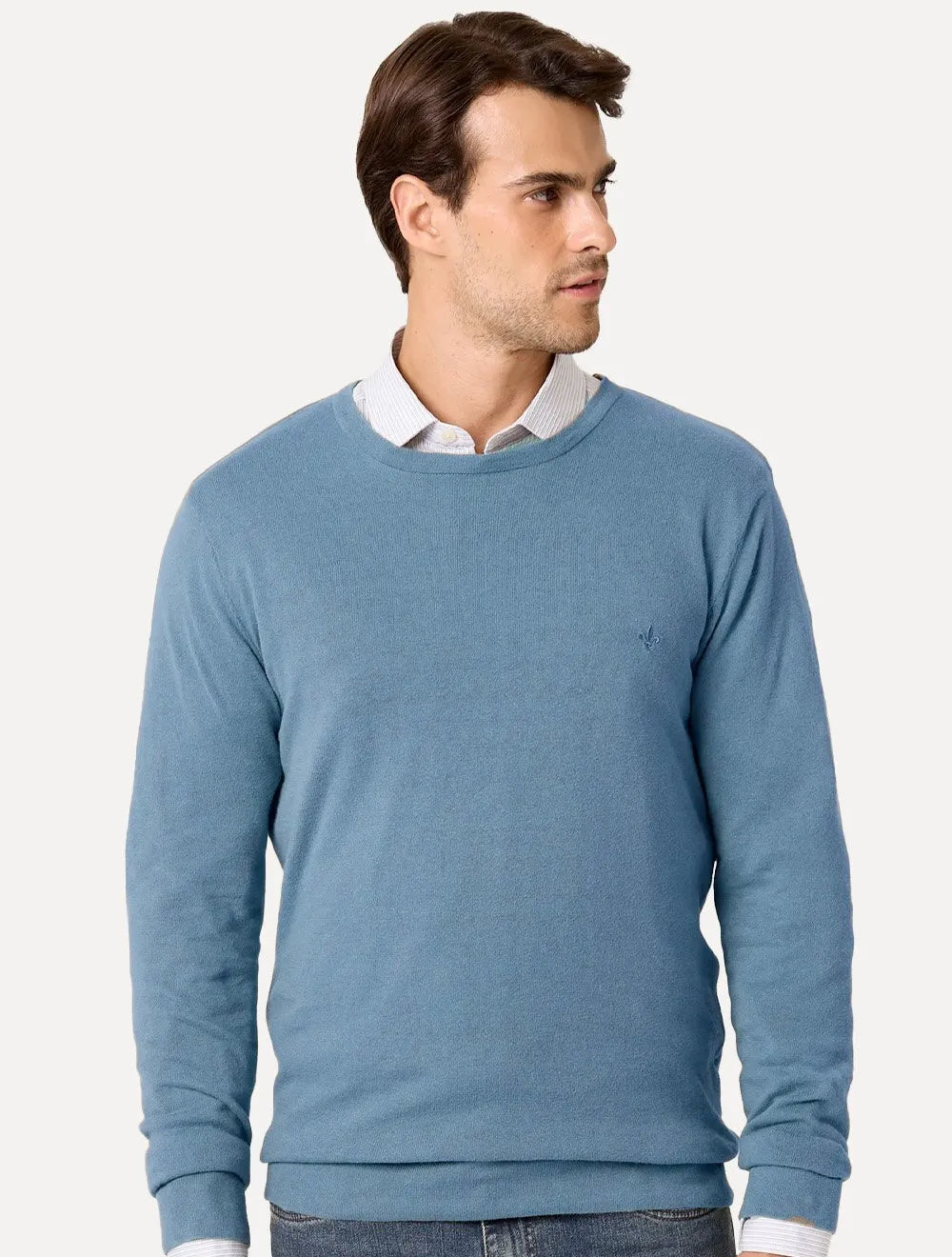 Suéter Dudalina Masculino Tricot Crewneck Basico Azul Médio