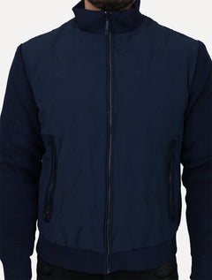 Jaqueta Masculina Nylon Manga Ribana Pocket Zip Azul Marinho