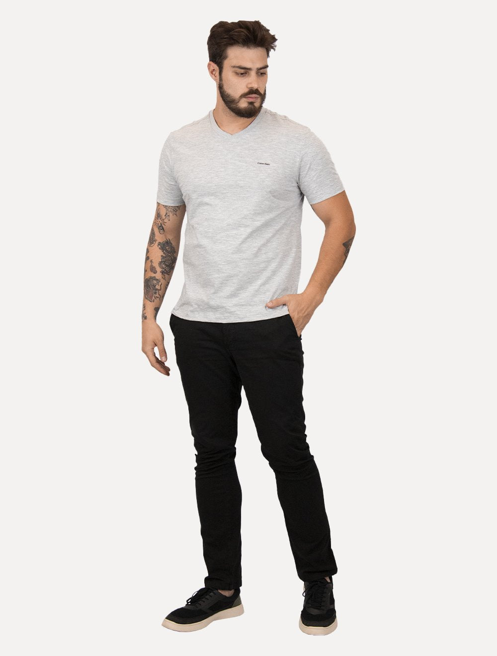 Camiseta Calvin Klein Masculina V-Neck Logo Flamê Cinza Mescla