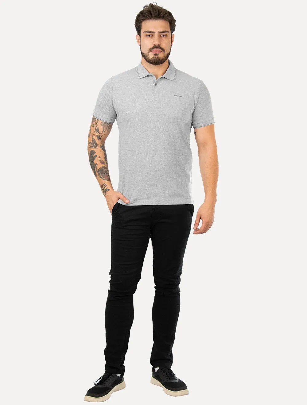 Polo Calvin Klein Masculina Piquet Regular Básica Friso Cinza Mescla