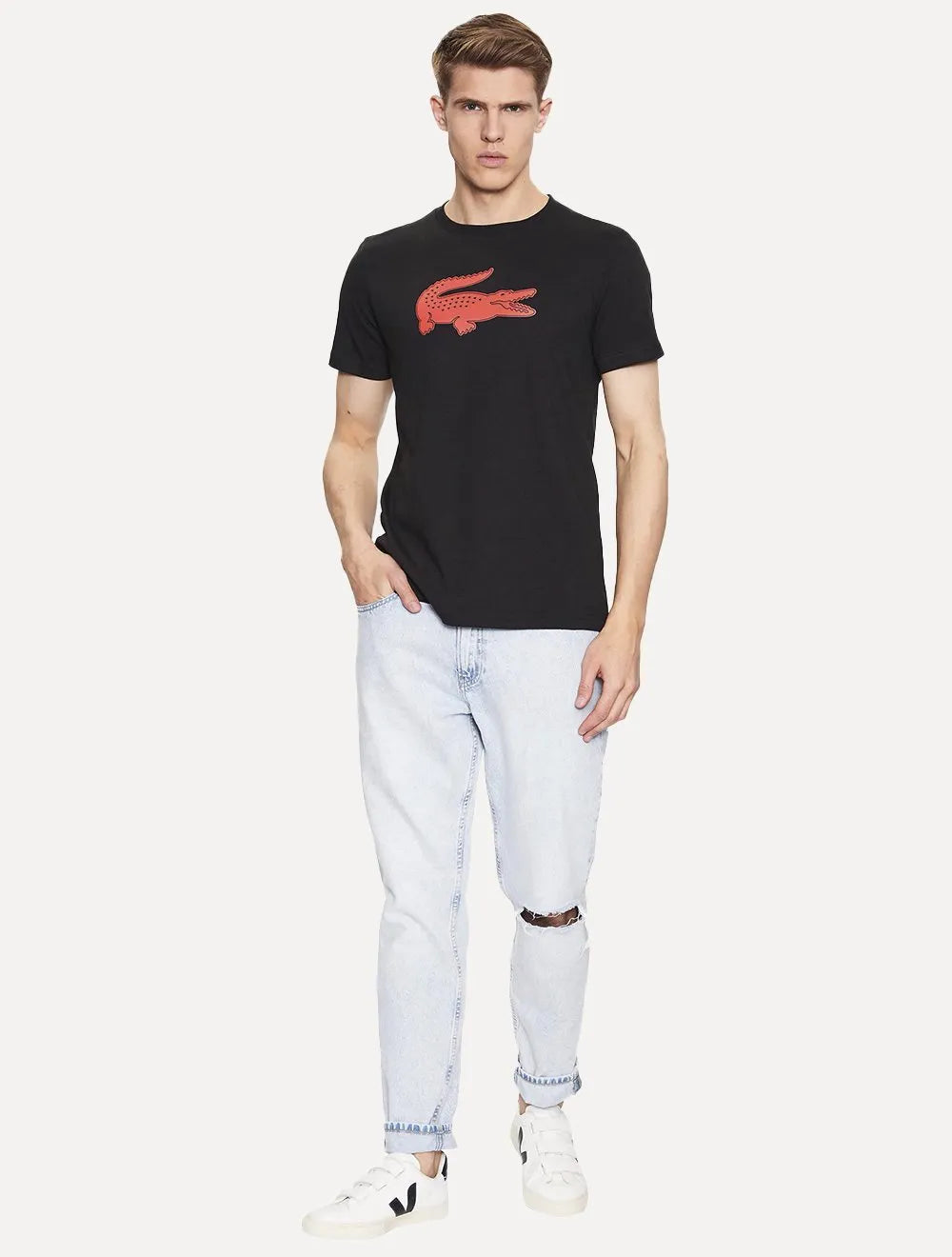 Camiseta Lacoste Masculina Jersey Sport 3D Red Logo Preta